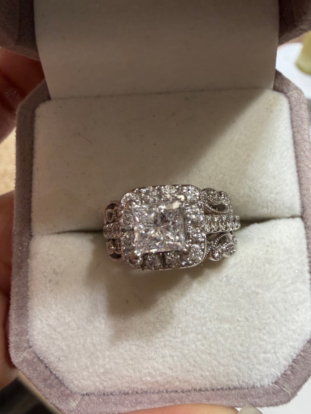 White gold Pavé Halo Engagement Ring with Clear Center Stone - Women jewelry